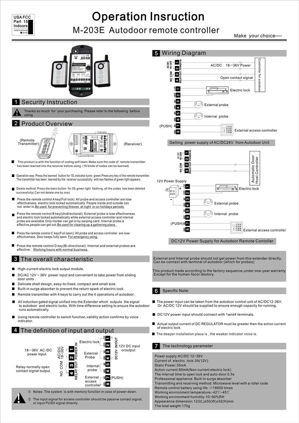 M-203E Autodoor MultiFunction Remote Controller 