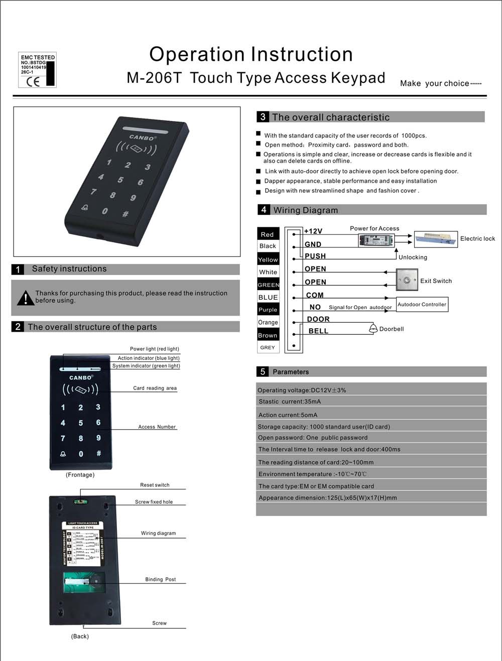 M-206T Touch Type Access Keypad 