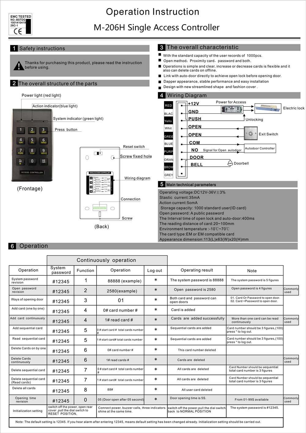 M-206H Wireless Password Card Reader Keypad